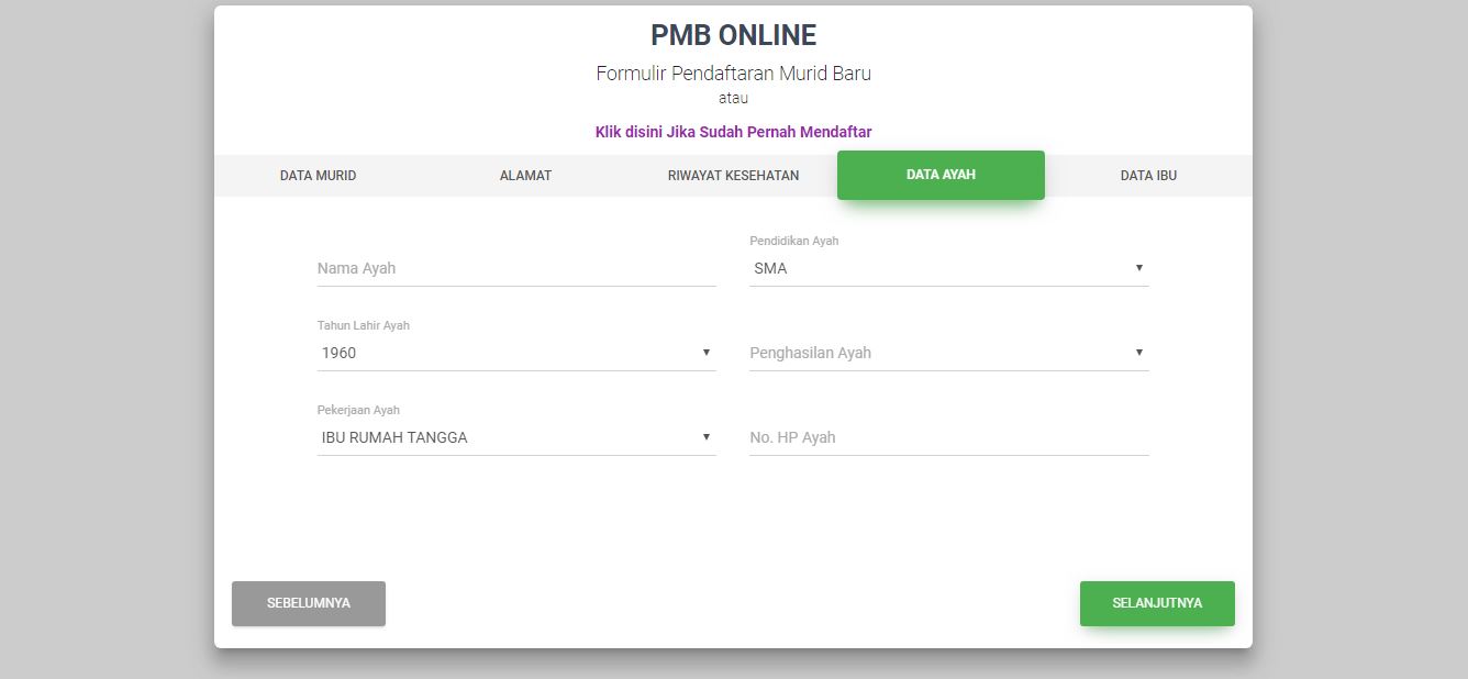 <p>Halaman Pendaftaran Murid Baru Data Ayah<br></p>