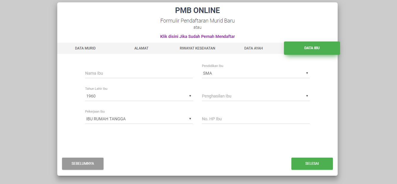<p>Halaman Pendaftaran Murid Baru Data Ibu<br></p>