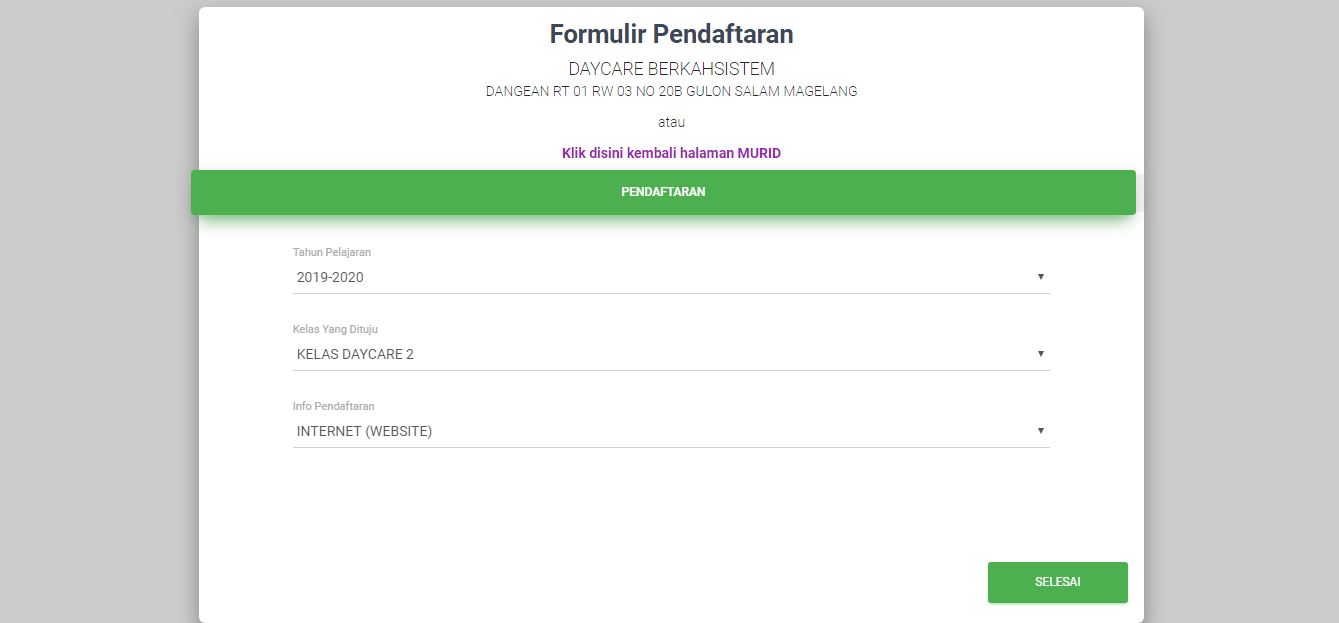 <p>Halaman Formulir Pendafataran Tingkat Solah DAYCARE<br></p>