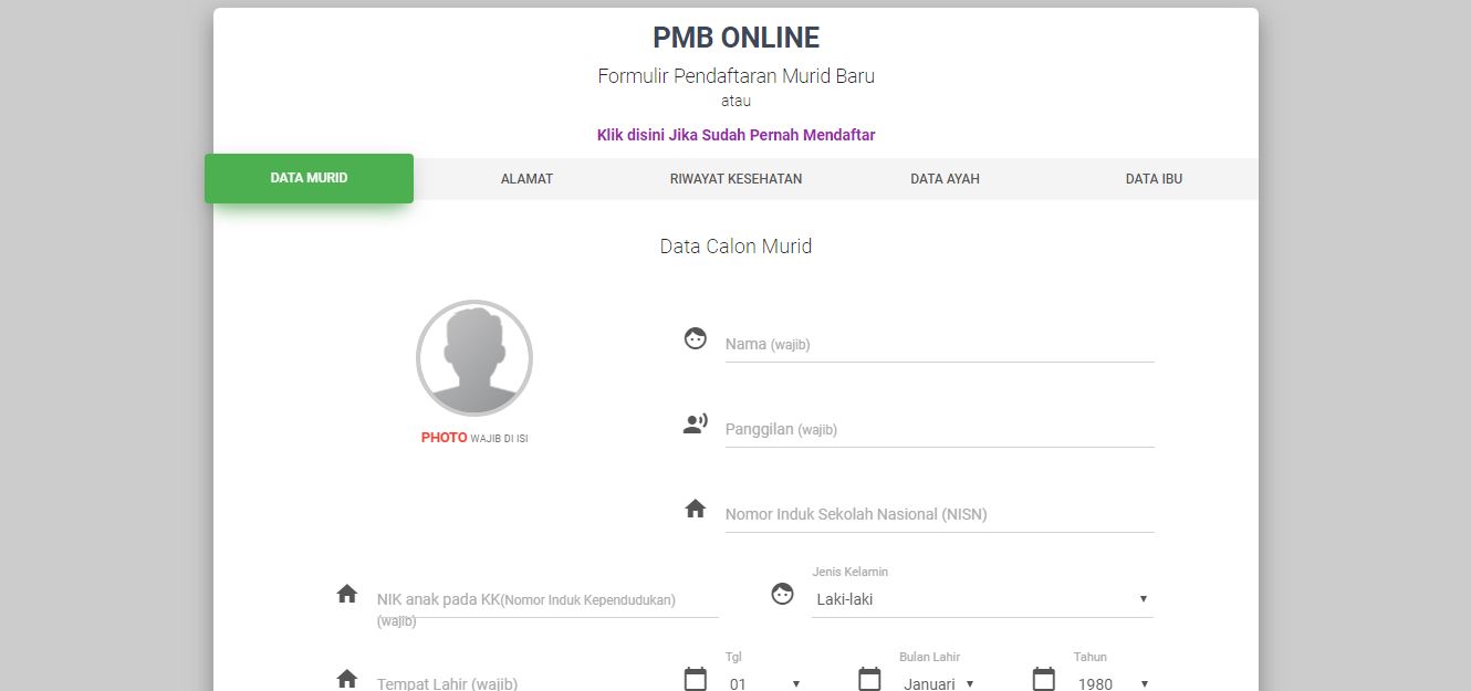 <p>Halaman Pendafatarn Murid Baru Input Data Diri<br></p>